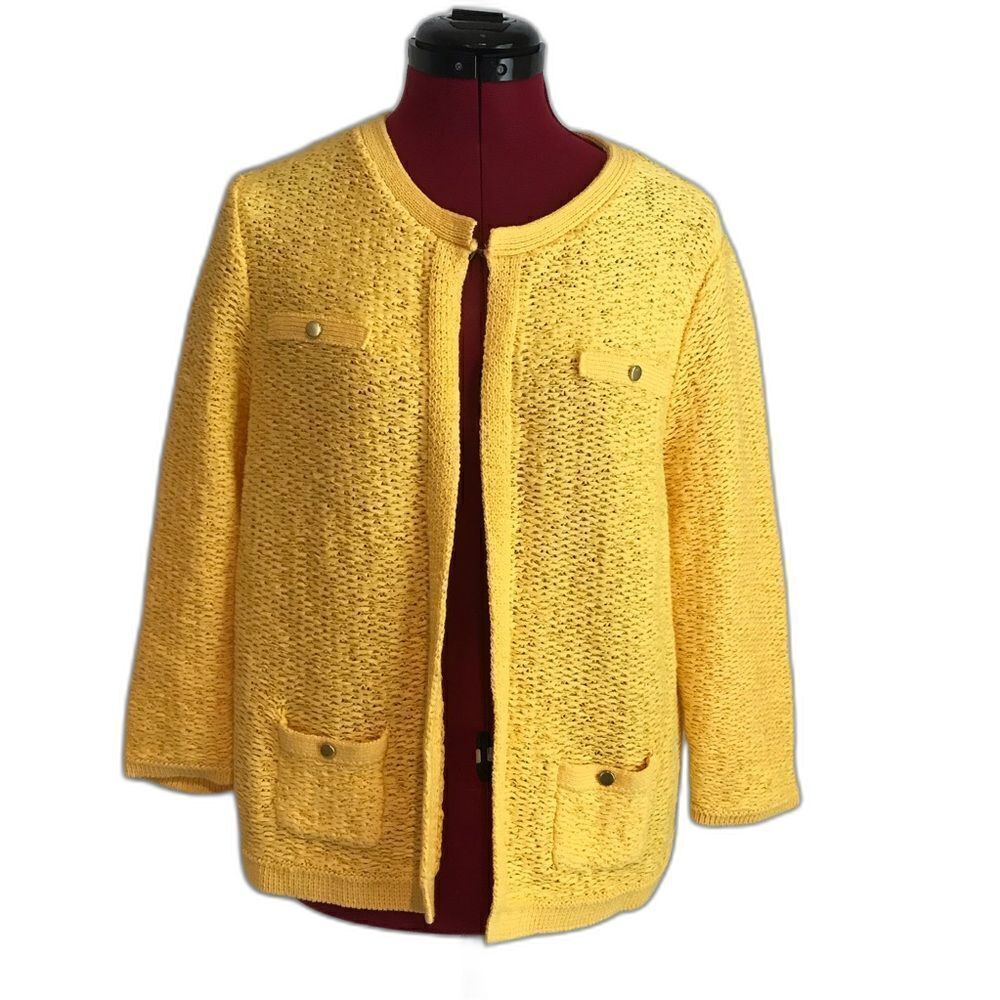 Kasper Yellow Knit Blazer Women's Size Large Open Front 3/4 Sleeve Pocket Detail